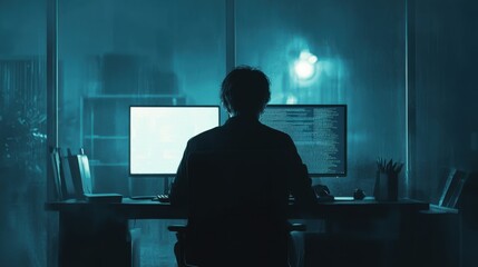 Silhouette of programmer immersed in coding work with dual monitors setup