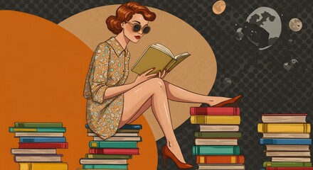 Woman reading books vintage style illustration interior scene graphic design elements book lover