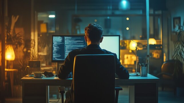 Dedicated programmer working late into night on complex code development task - Powered by Adobe