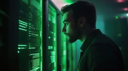 Focused IT Technician Inspecting Data Servers Illuminated with Green Lights