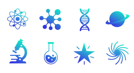 Science stem education icons vector illustration atom dna microscope galaxy and molecule graphic design