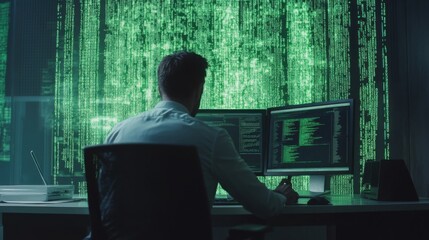 Focused software engineer deciphering complex code amidst digital cascade