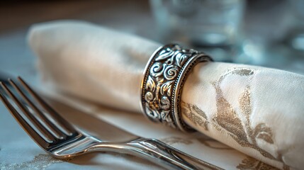 Close up of napkin ring and cutlery detail, airy framing