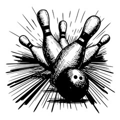 Bowling Strike: Dynamic sketch of bowling ball hitting pins, creating a strike.  Illustrative style with dynamic lines, emphasizing action and excitement. 