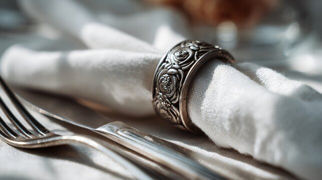 Close up of napkin ring and cutlery detail, airy framing - Powered by Adobe