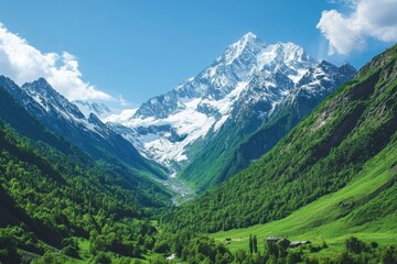 Fototapeta premium Majestic snow capped mountains tower over a lush green valley under a clear blue sky, Majestic snow capped mountains overlooking lush green valley under clear blue sky Nature concept