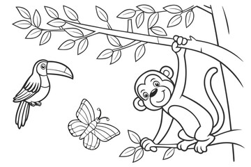 Fototapeta premium Vector line art of a monkey hanging from a tree branch with a toucan and butterfly nearby, jungle-themed coloring page, black and white only