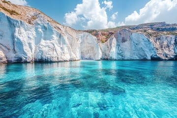 Explore the stunning azure waters and white cliffs of Milos Island in the Cyclades, Milos island Cyclades travel sea landscape