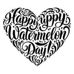 Fototapeta premium Happy Watermelon Day graphic design in heart shape. Stylish, decorative lettering in a heart shape with decorative flourishes, ideal for summer celebrations.