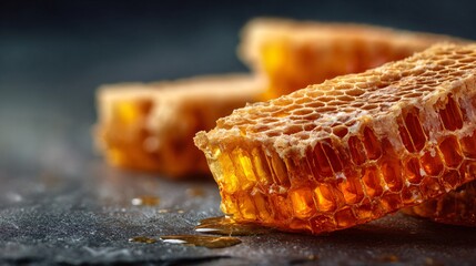Close up of raw honeycomb on slate, golden light