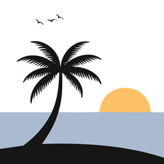 Black palm tree on blue water with orange sun and birds ocean sunset