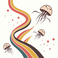 Obraz premium Illustration of three jellyfish with smiling faces and colorful wavy lines background design art