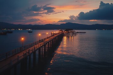 Fototapeta premium Sunset over the tranquil waters at a pier in Phuket with soft lights illuminating the evening, Asian holiday resort and travel destination Phuket island Jetty in twilight