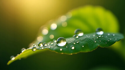 Fresh Morning Dew on Green Leaf in Soft Sunlight