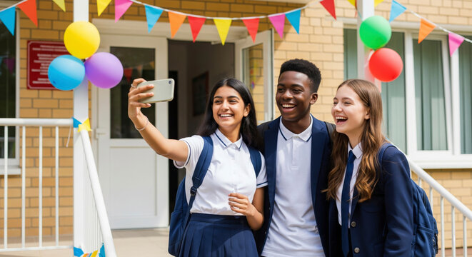 Happy diverse high school students in uniforms take a selfie on balloon-decorated school porch. - Powered by Adobe