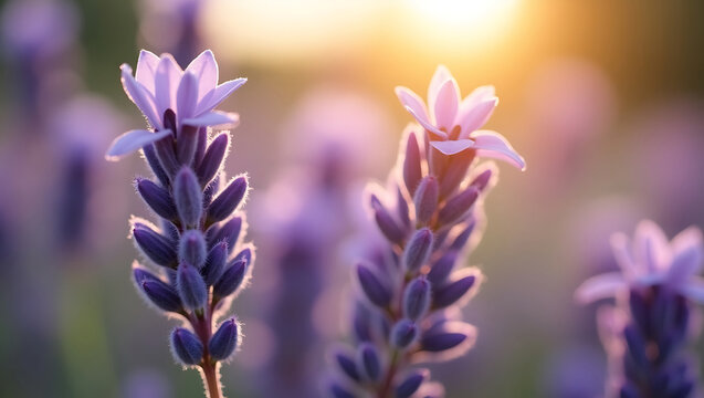 Blooming Beauty: Soft Focus Purple Flowers in Evening Light - Powered by Adobe