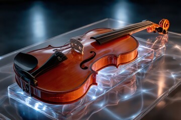 Fototapeta premium Beautiful wooden violin displayed on illuminated stand with reflections