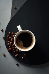 Aromatic Dark Roast Coffee in a White Mug, Surrounded by Roasted Beans on a Dark Surface