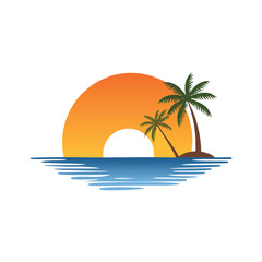 Tropical island sunset with palm trees and ocean waves vector