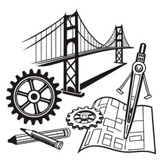 Engineering Project featuring Golden Gate Bridge, Blueprints, Gears, and Tools