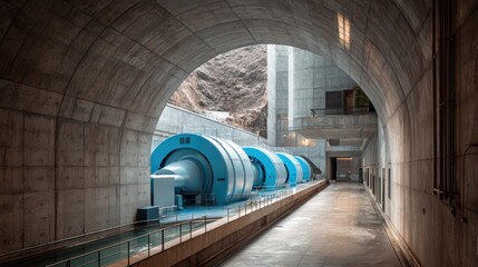 Obraz premium Hydropower station with spinning turbines inside concrete tunnel