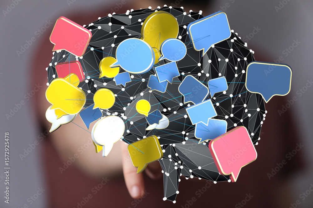 Poster abstract 3d rendering of interconnected speech bubbles forming a brain, symbolizing communication an