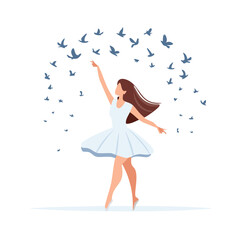 Woman dancing with birds flying around her ballet dress