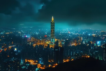 Fototapeta premium Cityscape of Taipei at night featuring an illuminated tower amidst bright urban lights and dramatic clouds, night illuminated taipei cityscape famous tower aerial panorama timelapse taiwan