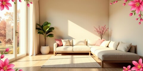 Serene Living Room with Beige Sectional Sofa and Natural Light Streaming Through Large Window, Accented by Delicate Pink Blossoms