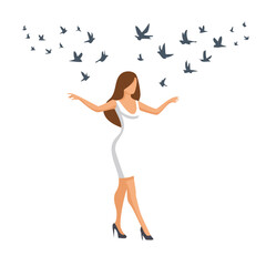 Woman in white dress with flock of birds flying around flying birds dark blue birds