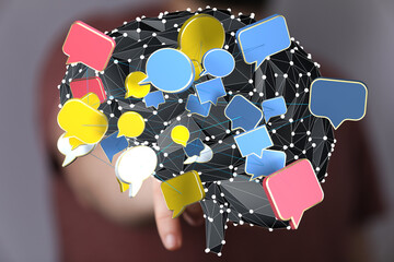 Abstract 3D rendering of interconnected speech bubbles forming a brain, symbolizing communication...