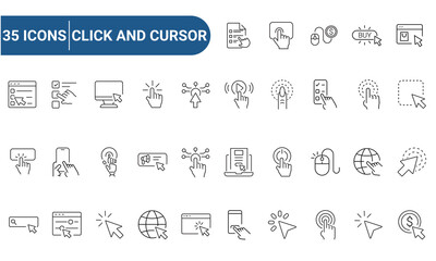Click and Cursor Web Icons Set in Line or outline Style related to Click and Cursor. Includes finger gesture, click, cursor, tap. Linear icons collection. Editable strokes. Vector illustration