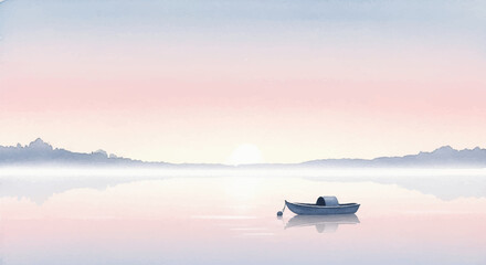 Solitary Boat on a Misty Lake – Serene Watercolor Scene of Morning Reflection and Calm Emotions