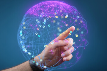 Abstract image of a hand interacting with a glowing digital sphere, representing global network connections and data.