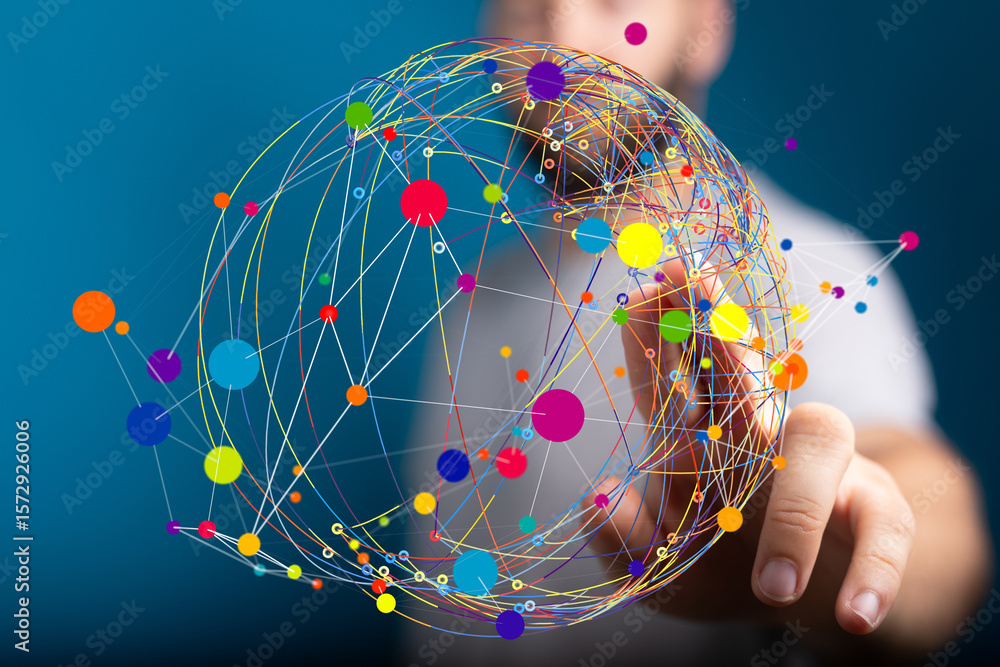 Poster abstract image of a global network, colorful nodes connected by lines, representing communication an