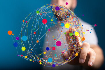 Abstract image of a global network, colorful nodes connected by lines, representing communication...