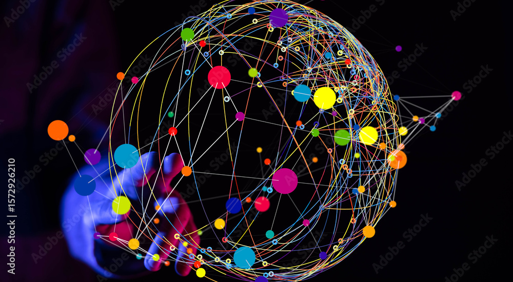 Poster abstract image of a global network with colorful nodes and connecting lines. represents connection, 