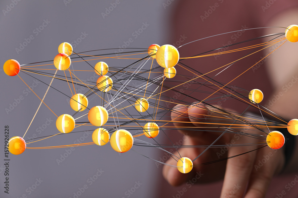 Poster abstract image of interconnected nodes, representing global networks, data flow, and digital connect