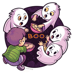Halloween Gathering Boy and Ghosts Sharing Treats in a Circle Festive and Spooky