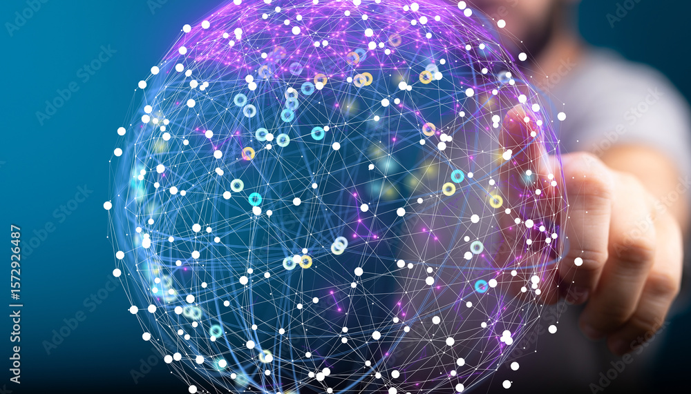 Poster abstract image of a person interacting with a digital globe representing global network connections 