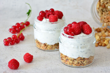 Healthy Yogurt Parfaits with raspberry and red currant Berries and Granola