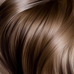 A bottle of shiny hair serum sits next to a strand of light brown hair arranged in an elegant curl. The product stands out with its shiny texture and backlight. Beauty product photography.