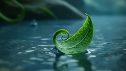 Green leaf floating on the water surface in slow motion with detailed textures - Powered by Adobe