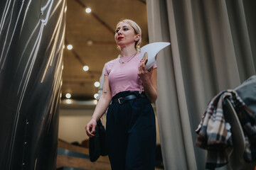 A focused and confident woman in a contemporary office environment holding papers, exuding...