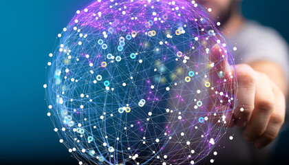 Abstract image of a person interacting with a digital globe representing global network connections...