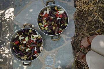 Uncooked “melitzanes giaxni,” a traditional Greek recipe with eggplants, tomato, onion, and olive oil, arranged in two metal trays. Top-down outdoor shot on a bright, sunny day before cooking.