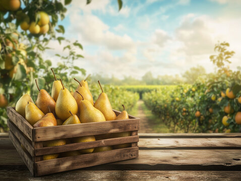 Box of ripe pears on a wooden table