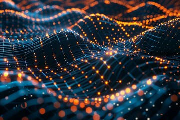 Abstract 3D grid with glowing data points and nodes, neural network concept, AI and machine learning data flow.