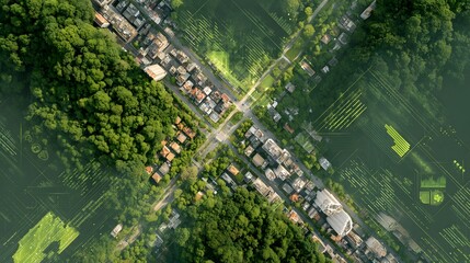 Aerial view of green cityscape with sustainability data overlays
