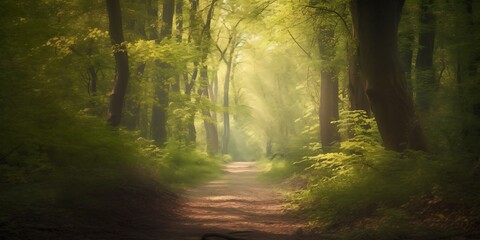 Obraz premium Sunlit Path Through Enchanting Forest A Serene Nature Escape